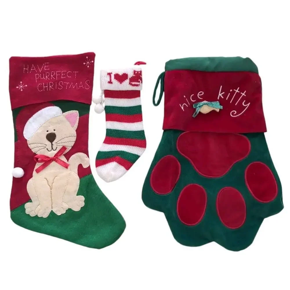 Christmas Cat Stockings Lot Of 3 Felt Knit Velour Kitty‎ Paw Holiday